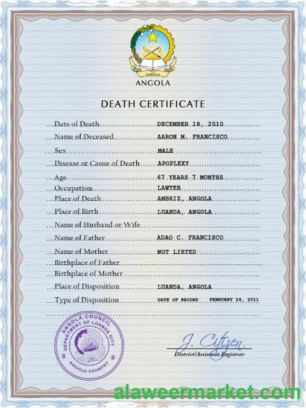 Angola vital record death certificate PSD template